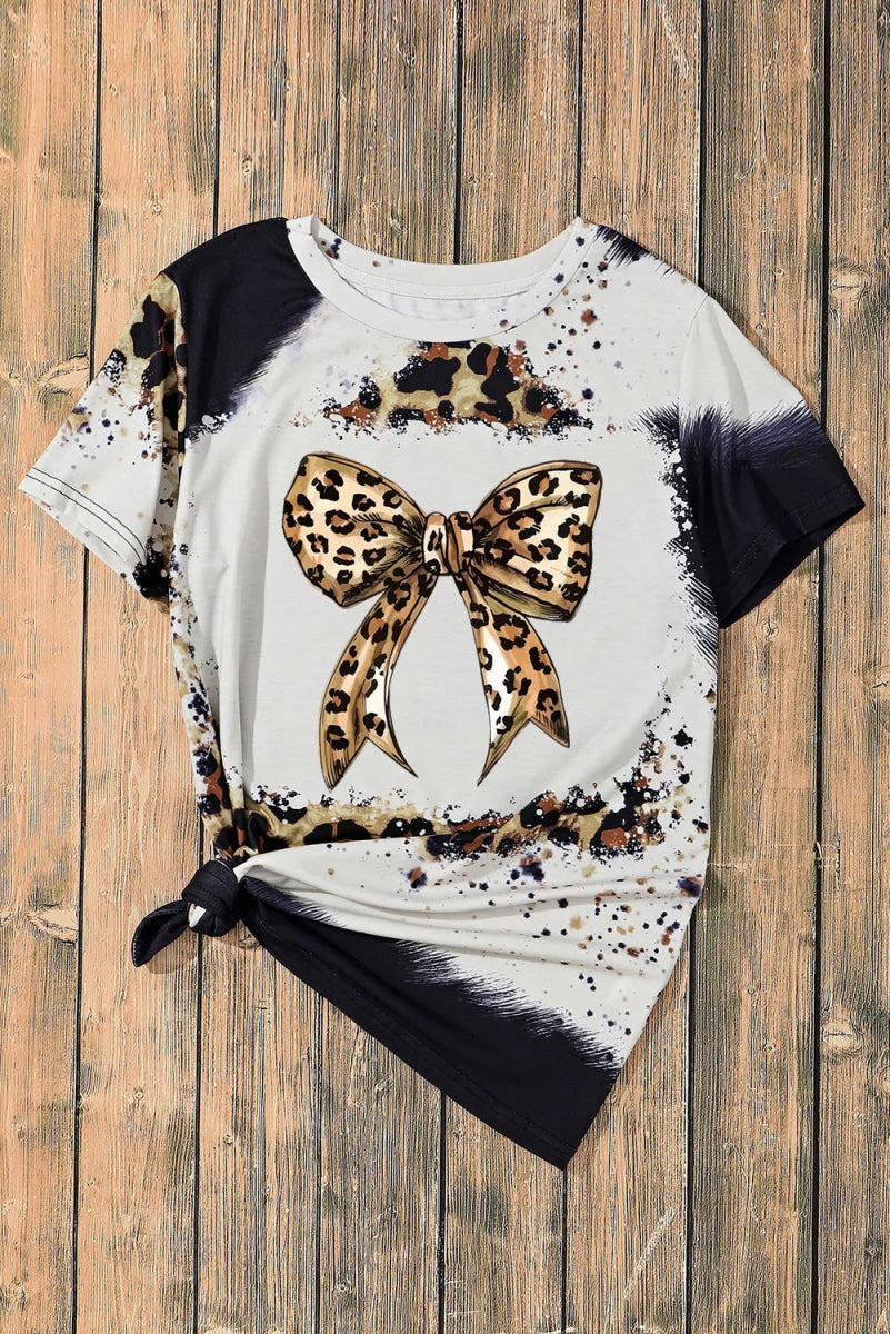 Bow Graphic Leopard Round Neck Short Sleeve T-Shirt - S. M. & Co.