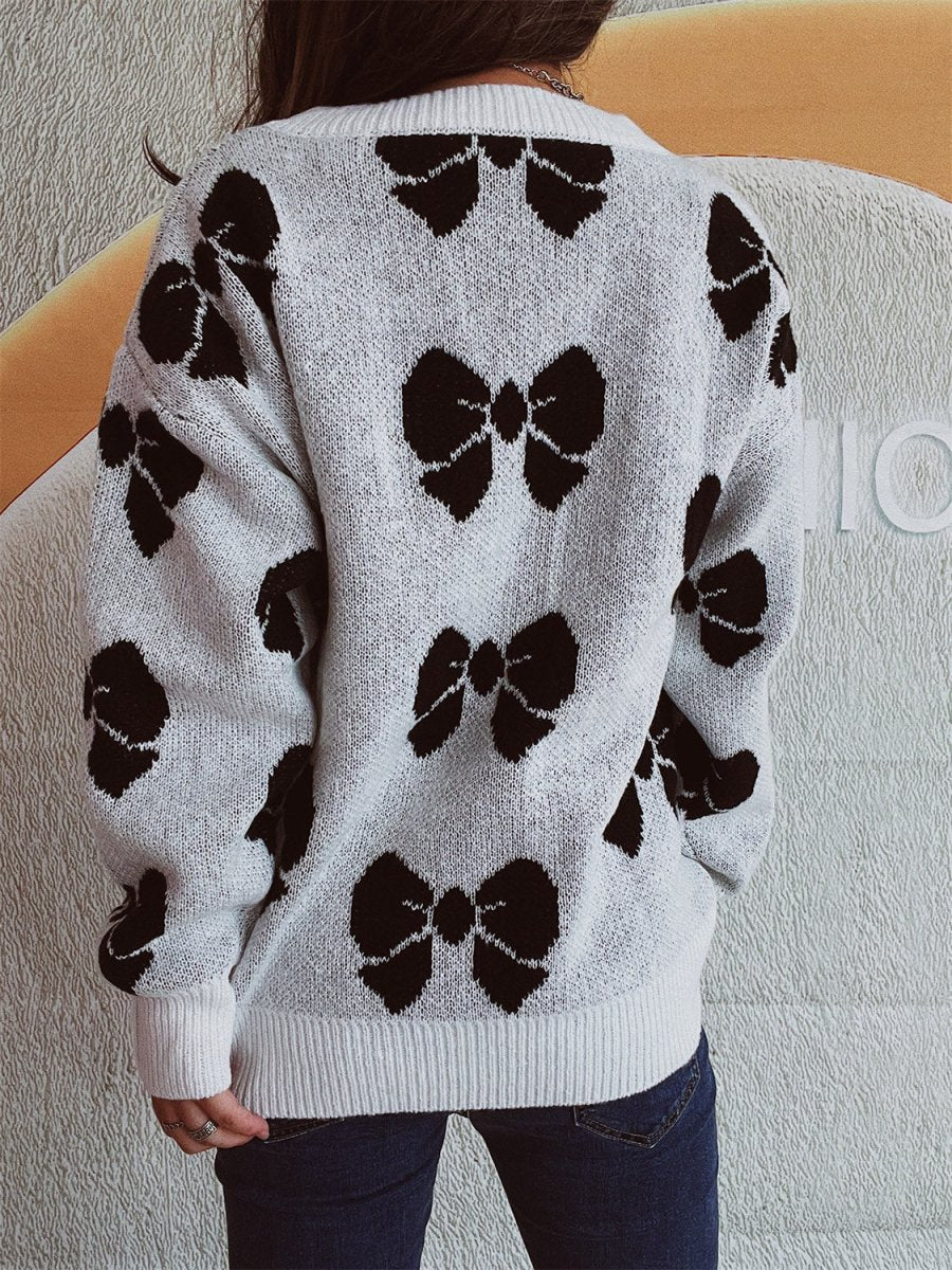 Bow Round Neck Dropped Shoulder Sweater - S. M. & Co.