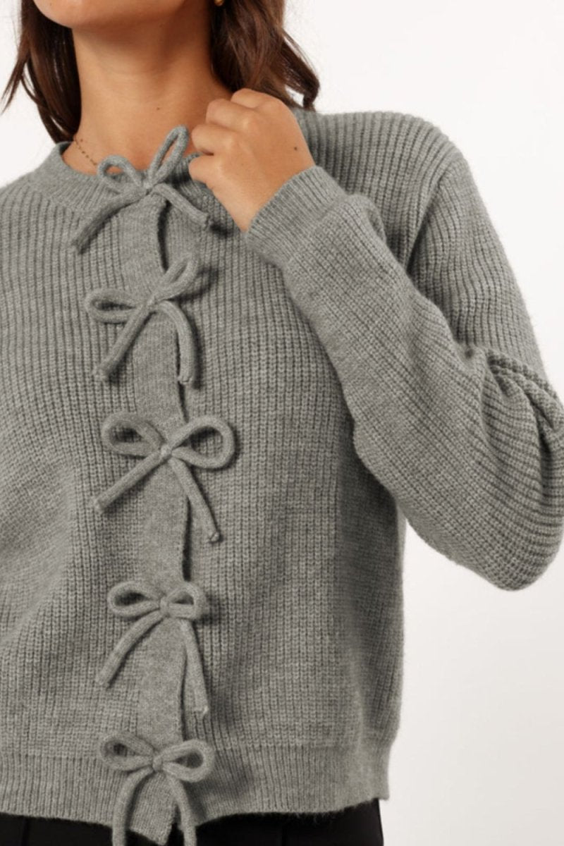 Bow Round Neck Long Sleeve Cardigan - S. M. & Co.