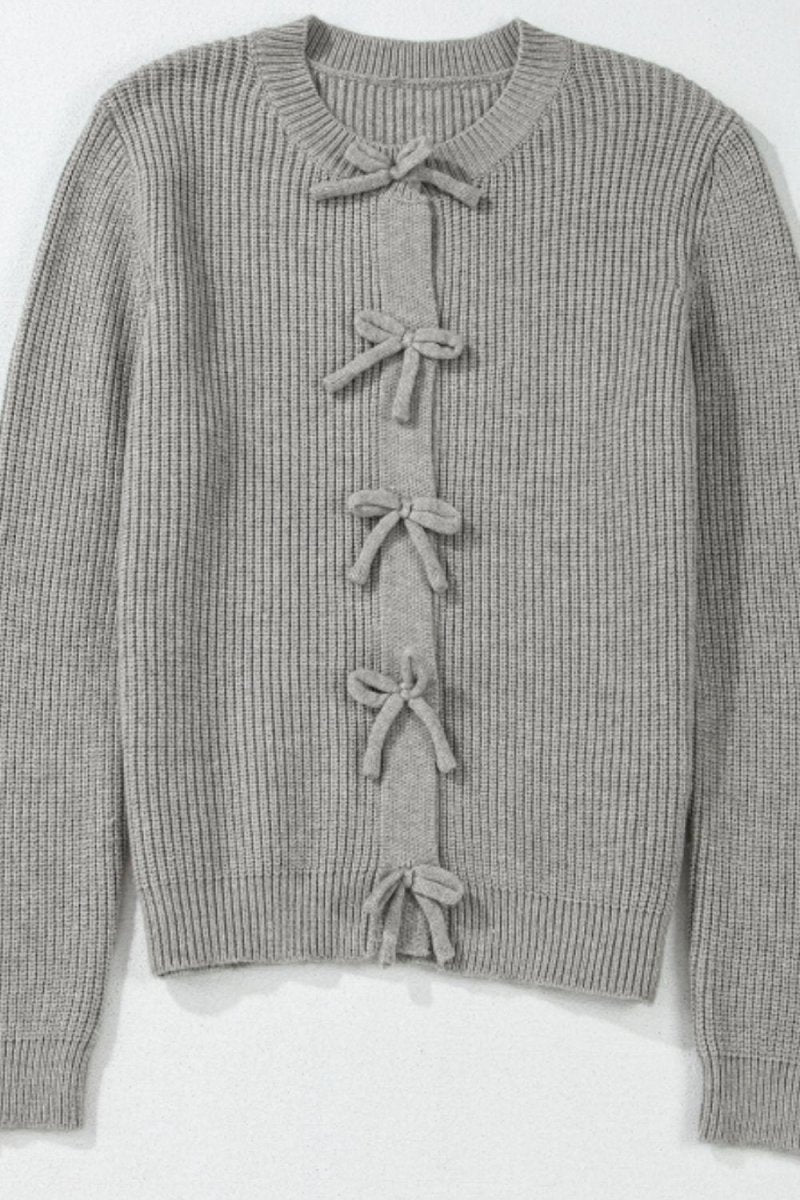 Bow Round Neck Long Sleeve Cardigan - S. M. & Co.