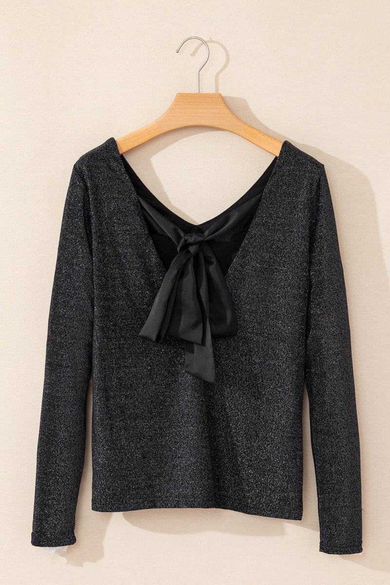 Bowknot V - Neck Long Sleeve Blouse - S. M. & Co.