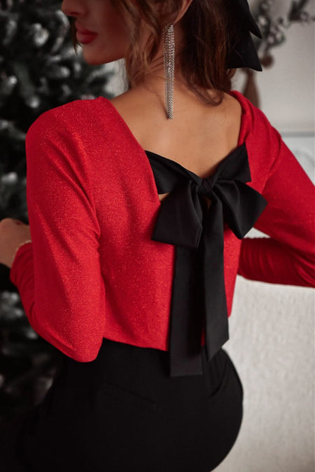 Bowknot V - Neck Long Sleeve Blouse - S. M. & Co.