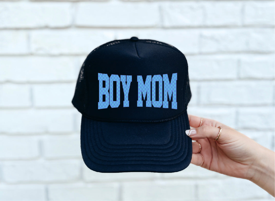 Checkered Boy Mom DTF Printed Black Trucker Hat II - S. M. & Co. Shirts & Tops