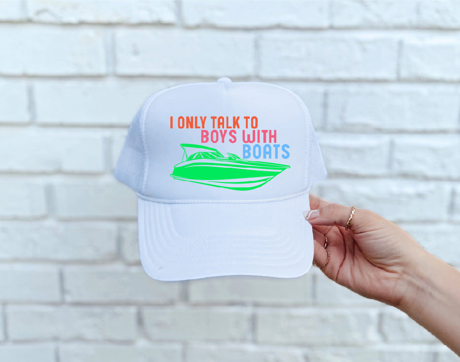 Boys with Boats DTF Printed White Trucker Hat - S. M. & Co. Shirts & Tops