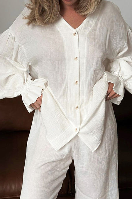 Breathable Ruffled V - Neck Long Sleeve Top and Pants Set - S. M. & Co.