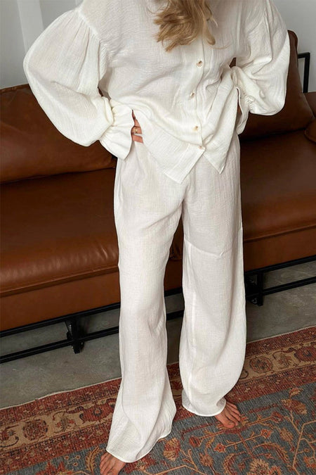 Breathable Ruffled V - Neck Long Sleeve Top and Pants Set - S. M. & Co.