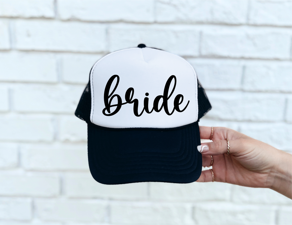 Bride DTF Printed Black & White Trucker Hat