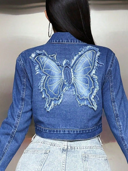 Butterfly Patch Long Sleeve Cropped Denim Top - S. M. & Co.