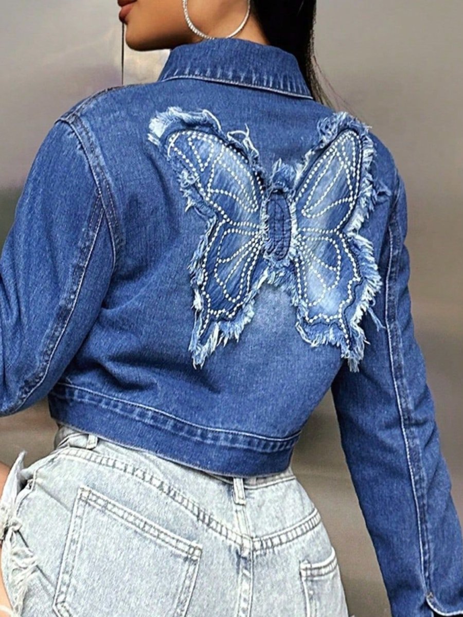 Butterfly Patch Long Sleeve Cropped Denim Top - S. M. & Co.