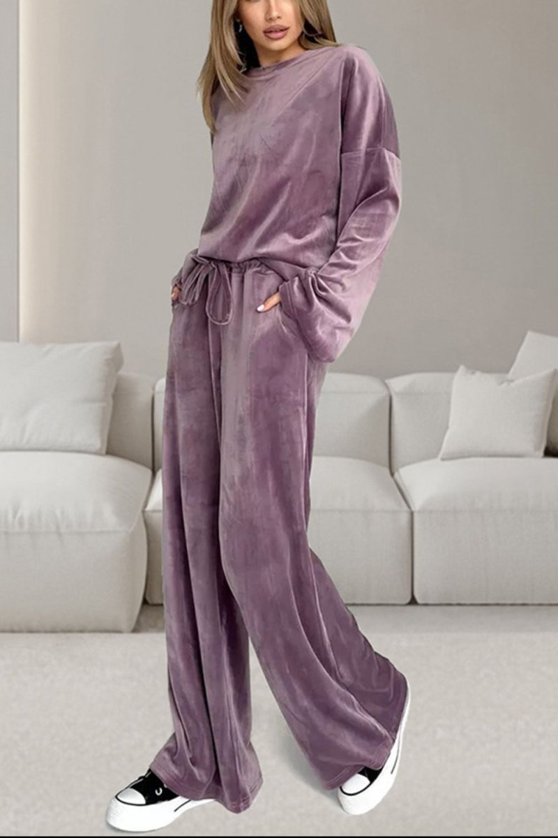 Buttery - Soft Round Neck Long Sleeve Top and Drawstring Pants Set - S. M. & Co.