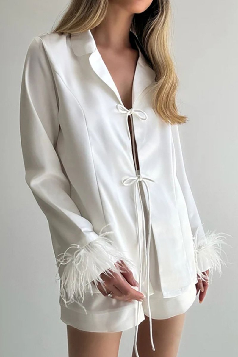 Buttery - Soft Tied Fringe Collared Neck Top and Shorts Set - S. M. & Co.