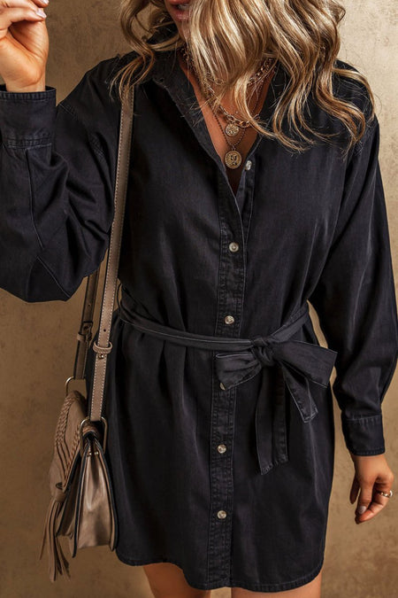 Button Up Collared Neck Denim Dress - S. M. & Co.