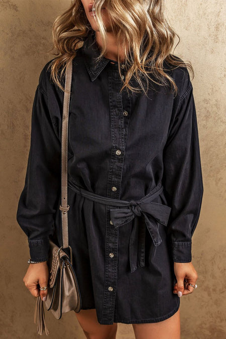 Button Up Collared Neck Denim Dress - S. M. & Co.