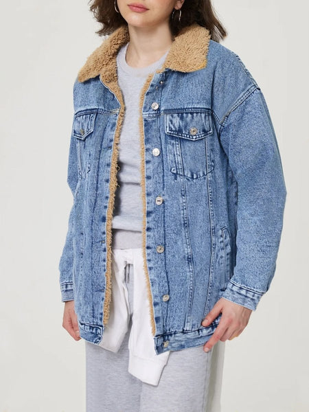 Button Up Collared Neck Plush Denim Jacket - S. M. & Co.