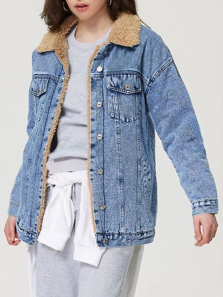 Button Up Collared Neck Plush Denim Jacket - S. M. & Co.