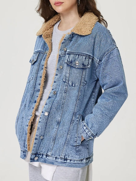 Button Up Collared Neck Plush Denim Jacket - S. M. & Co.