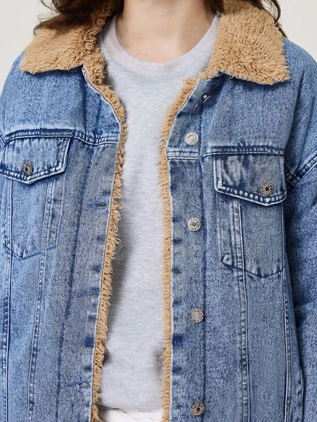 Button Up Collared Neck Plush Denim Jacket - S. M. & Co.