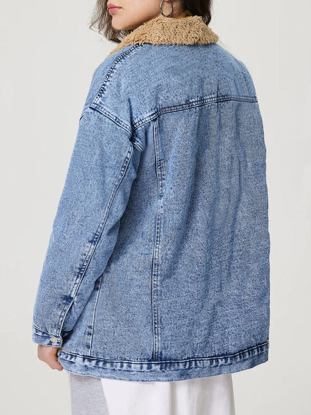 Button Up Collared Neck Plush Denim Jacket - S. M. & Co.