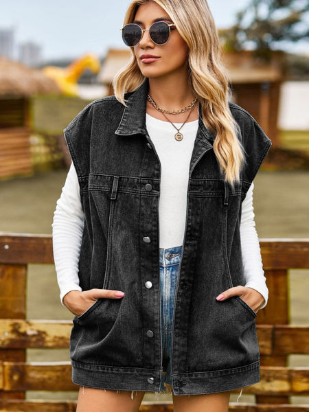 Button Up Collared Neck Sleeveless Denim Jacket - S. M. & Co.