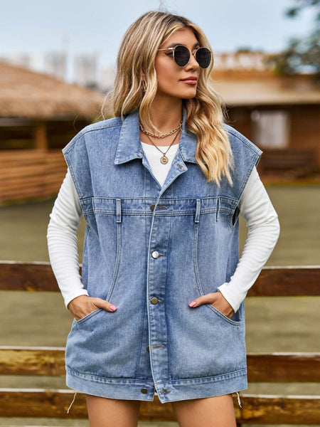 Button Up Collared Neck Sleeveless Denim Jacket - S. M. & Co.