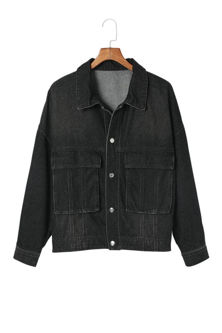 Button Up Dropped Shoulder Denim Jacket with Pockets - S. M. & Co.