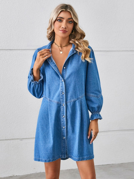 Button Up Flounce Sleeve Mini Denim Dress - S. M. & Co.