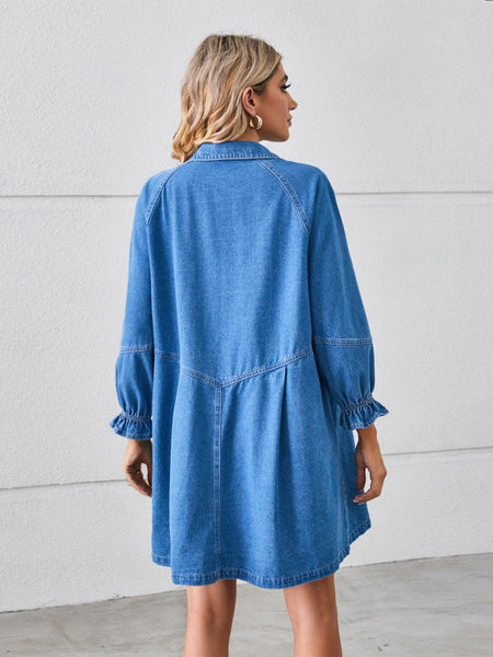 Button Up Flounce Sleeve Mini Denim Dress - S. M. & Co.