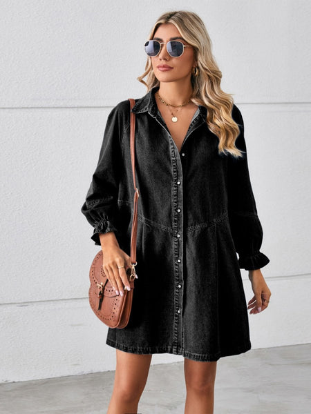 Button Up Flounce Sleeve Mini Denim Dress - S. M. & Co.