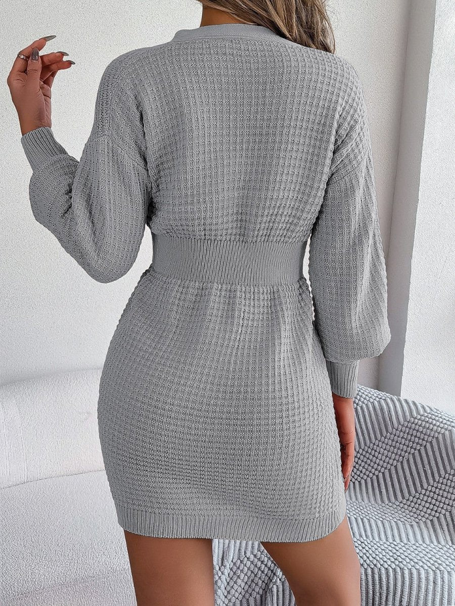 Buttoned Cable - Knit V - Neck Sweater Dress - S. M. & Co.