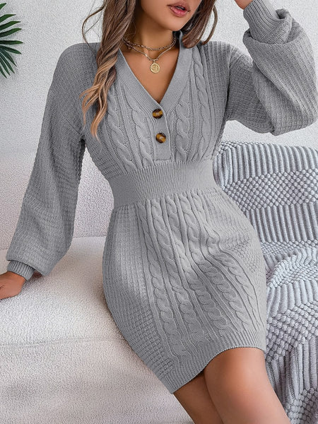 Buttoned Cable - Knit V - Neck Sweater Dress - S. M. & Co.