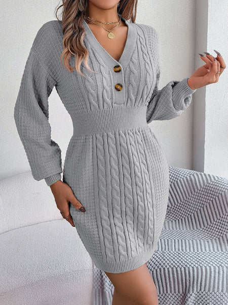 Buttoned Cable - Knit V - Neck Sweater Dress - S. M. & Co.