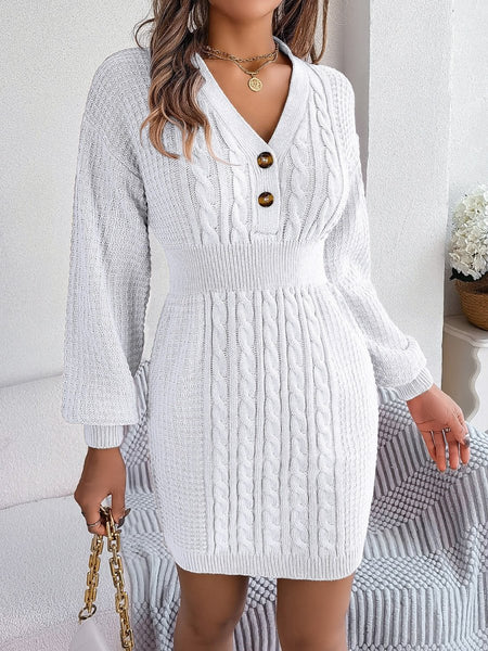 Buttoned Cable - Knit V - Neck Sweater Dress - S. M. & Co.