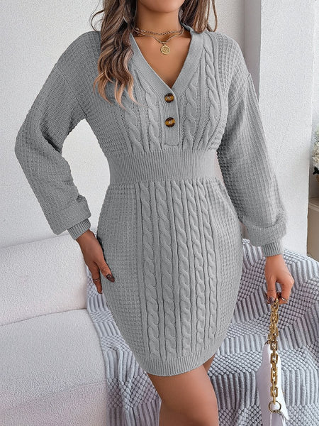 Buttoned Cable - Knit V - Neck Sweater Dress - S. M. & Co.