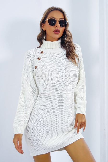 Buttoned Turtleneck Long Sleeve Sweater Dress - S. M. & Co.