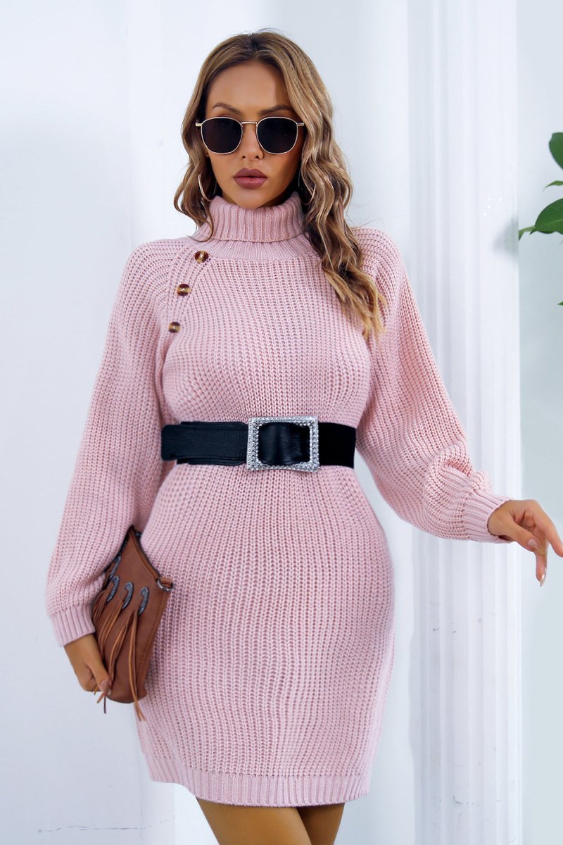 Buttoned Turtleneck Long Sleeve Sweater Dress - S. M. & Co.