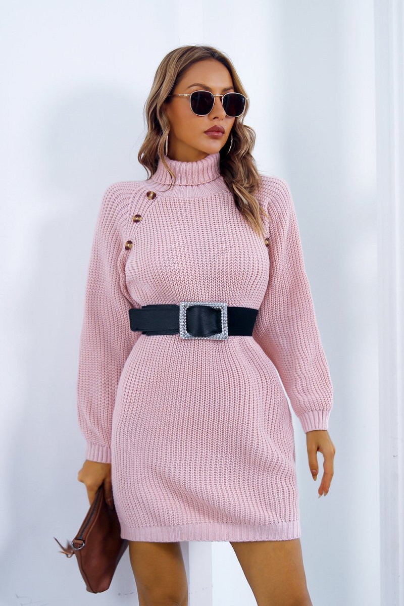 Buttoned Turtleneck Long Sleeve Sweater Dress - S. M. & Co.