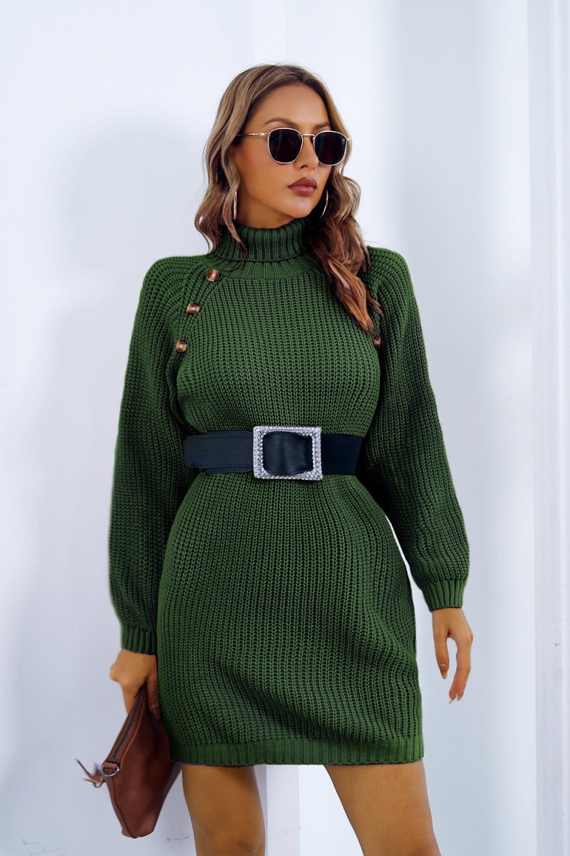 Buttoned Turtleneck Long Sleeve Sweater Dress - S. M. & Co.