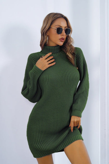 Buttoned Turtleneck Long Sleeve Sweater Dress - S. M. & Co.