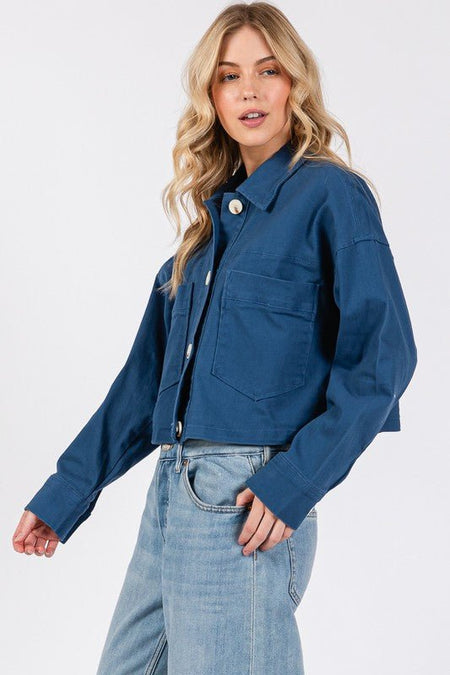 bytos Button Down Cropped Denim Jacket with Patch Pockets - S. M. & Co.