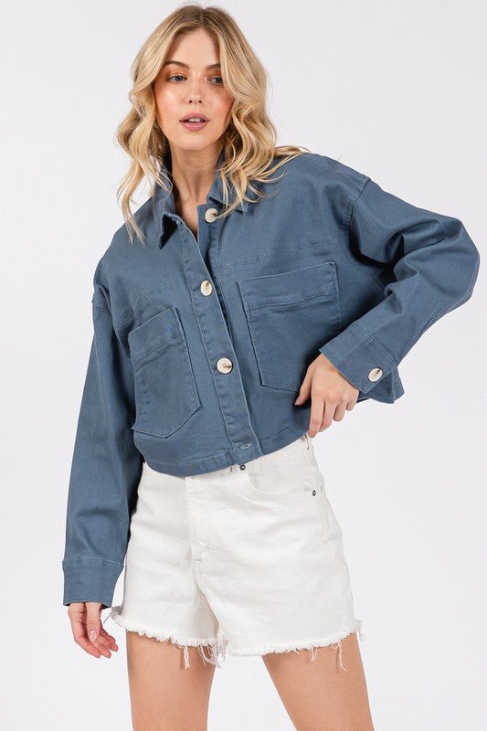 bytos Button Down Cropped Denim Jacket with Patch Pockets - S. M. & Co.