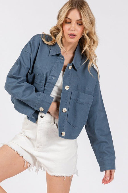 bytos Button Down Cropped Denim Jacket with Patch Pockets - S. M. & Co.