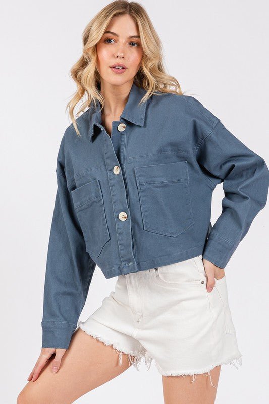 bytos Button Down Cropped Denim Jacket with Patch Pockets - S. M. & Co.