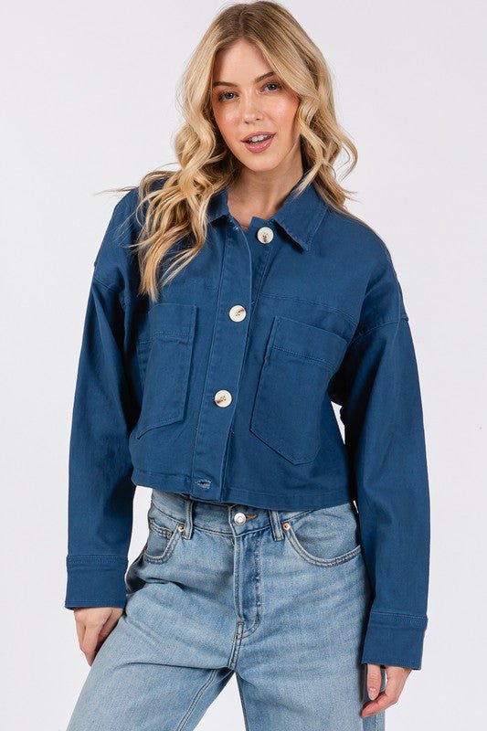 bytos Button Down Cropped Denim Jacket with Patch Pockets - S. M. & Co.