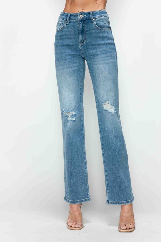 bytos Full Size Distressed High Rise Straight Jeans - S. M. & Co.