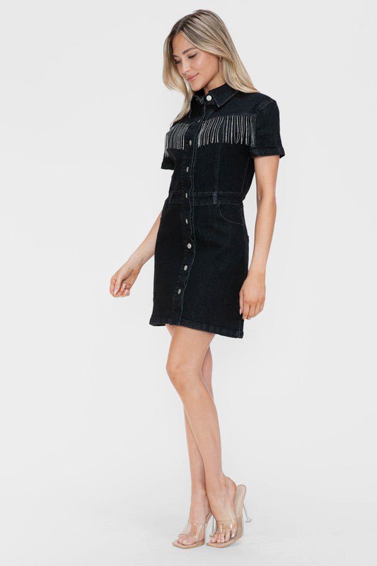 bytos Full Size Embellished Button Down Short Sleeve Denim Dress - S. M. & Co.