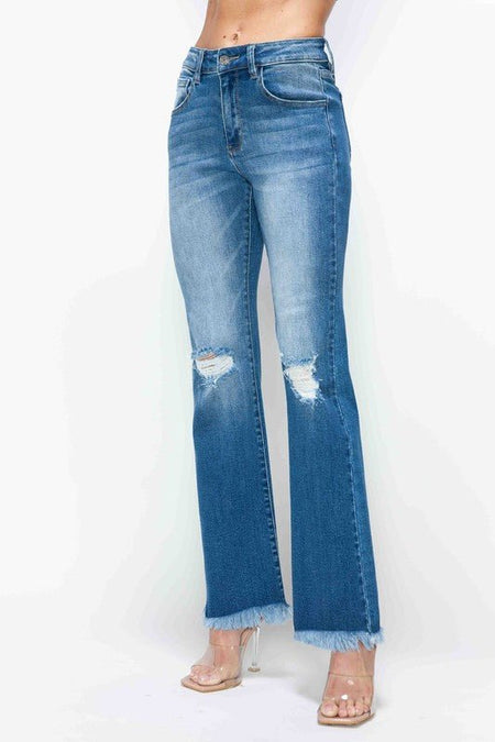 bytos Full Size Raw Hem Distressed High Rise Bootcut Jeans - S. M. & Co.