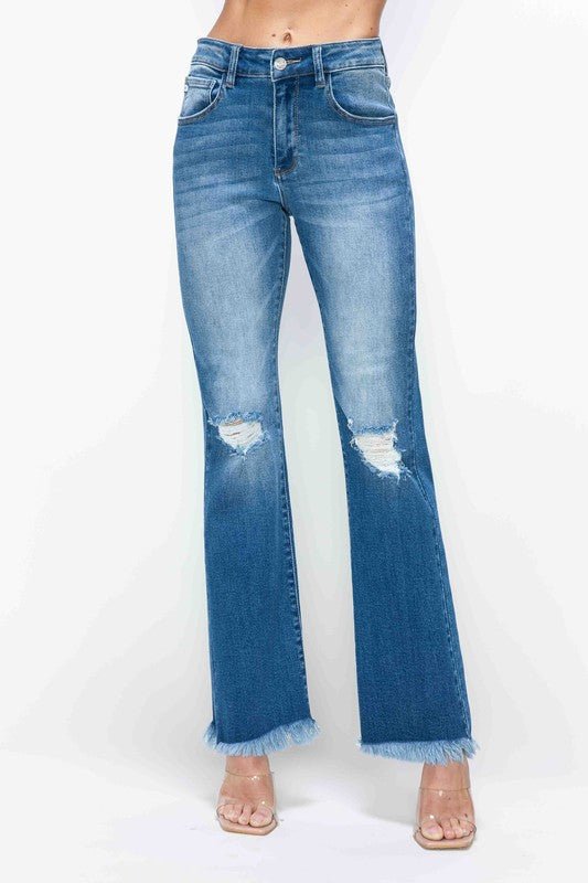 bytos Full Size Raw Hem Distressed High Rise Bootcut Jeans - S. M. & Co.