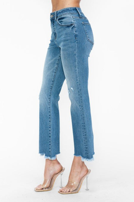 bytos Raw Hem Distressed Mid Rise Crop Jeans - S. M. & Co.