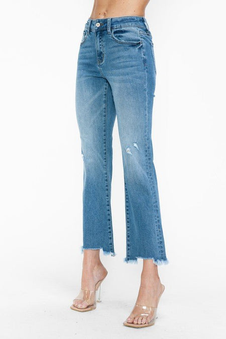 bytos Raw Hem Distressed Mid Rise Crop Jeans - S. M. & Co.