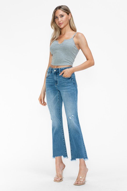 bytos Raw Hem Distressed Mid Rise Crop Jeans - S. M. & Co.